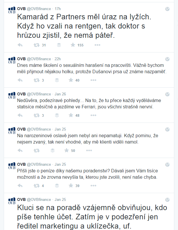 Zjevně příliš trefné tweety falešného @OVBfinance
