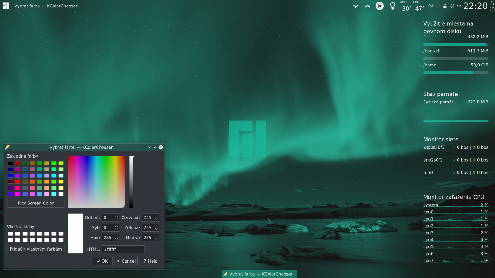 Manjaro s KDE, upravená Maia Dark téma, Active Window Control, Freeze téma na dekoráciu okien