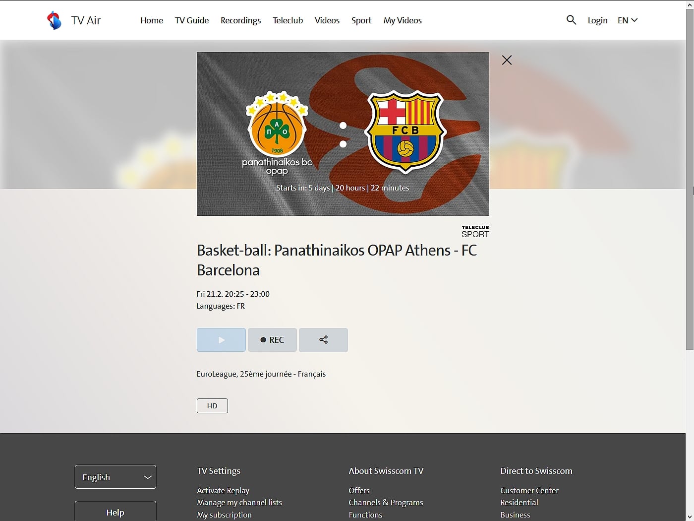 Swisscom TV - sportovní nabídka