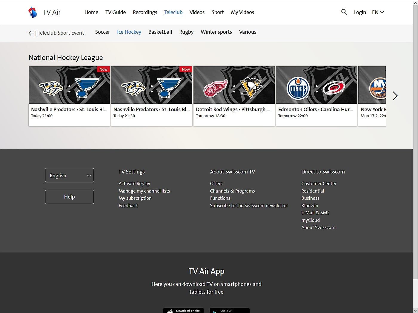 Swisscom TV - sportovní nabídka