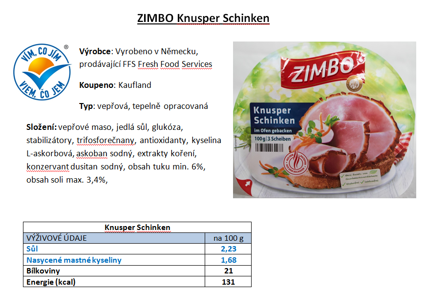 Výrobky, které splňují kritéria Vím, co jím na množství soli a nasycených mastných kyselin: obsah sodíku menší než 900 mg/100 g (v přepočtu na sůl 2,25 g/100 g), obsah nasycených mastných kyselin nižší než 1,1 g/100 g nebo menší než 13% podíl z celkové energetické hodnoty potraviny