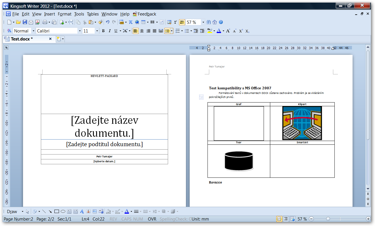Ukázka dokumentu v editoru Kingsoft Writer.