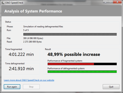 Pomocí O&O SpeedCheck zjistíte, jaký rozdíl ve výkonu je mezi defragmentovaným a fragmentovaným diskem