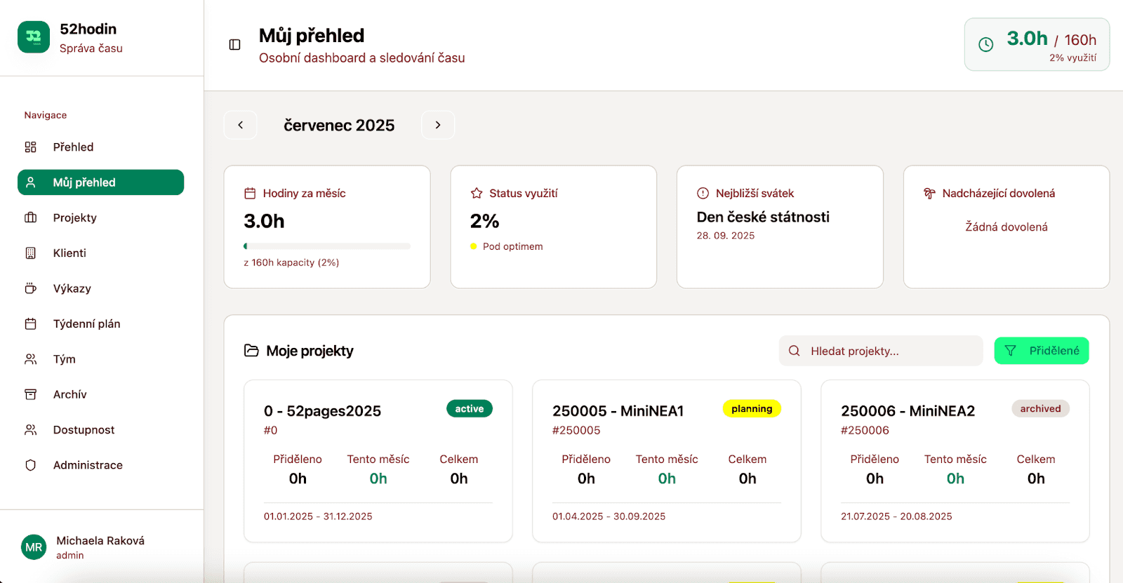 Osobní přehled každého zaměstnance. Přehled odpracovaných hodin, přidělené projekty, dovolená.