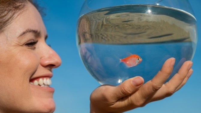 Mladá žena drží v ruce akvárium se zlatou rybičkou