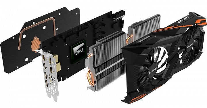 Vega od Gigabyte s chladičem WindForce 2X má v backplate další heatpipe a základnu za GPU