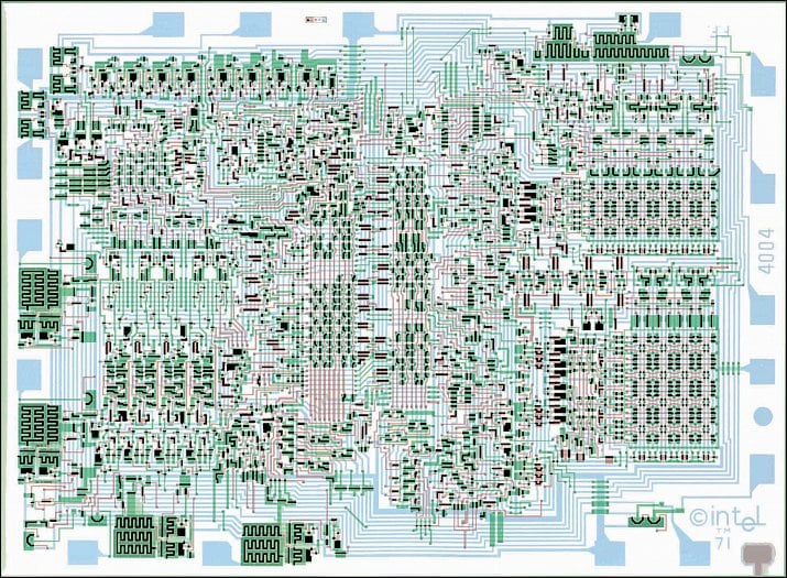 Maska pro Intel 4004 (kovové spoje), můžete vidět, jak málo byl čip komplexní, z dnešního pohledu (Zdroj: 4004.com)