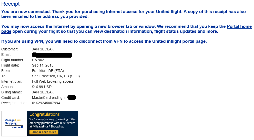 Účtenka v prohlížeči po úspěšném připojení a zaplacení.