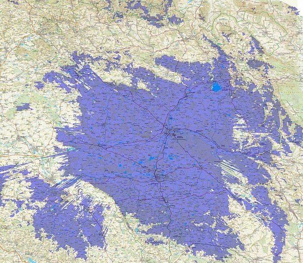 Pokrytí DAB+ vysílače Hradec Králové-Stěžery