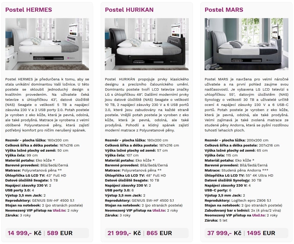 Služba Ulož.to přichází s novinkou: postelemi Ulož.se. Kvalitní lidské úložiště je vybavené LCD displeji, reproduktory, datovým úložištěm a USB porty a mají uživatelům zajistit ideální podmínky pro relaxaci.