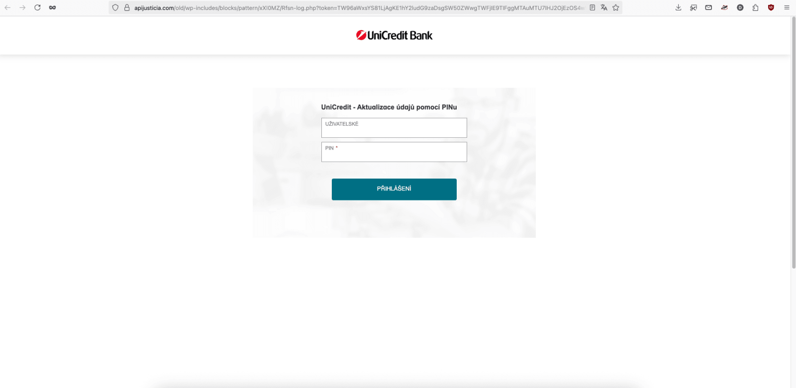 Podvodný web apijusticia.com v barvách UniCredit Bank. (12. 06. 2025)