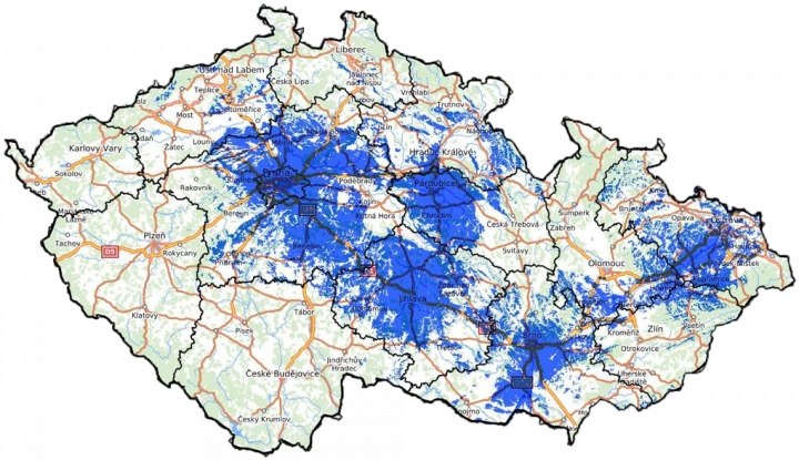 Pokrytí DAB+ sítě Broadcast Services v únoru 2025