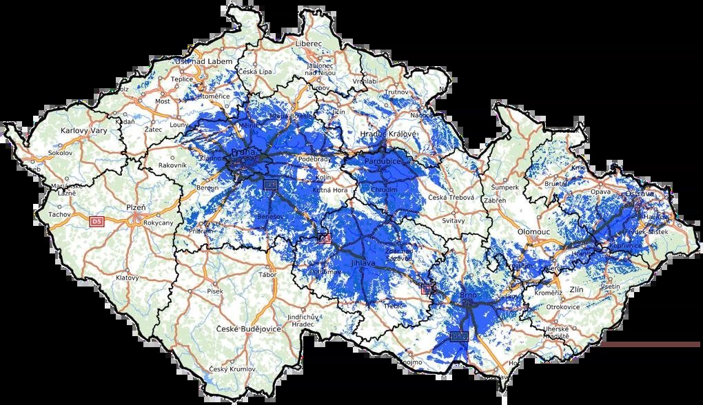 Pokrytí DAB+ sítě Broadcast Services v únoru 2025