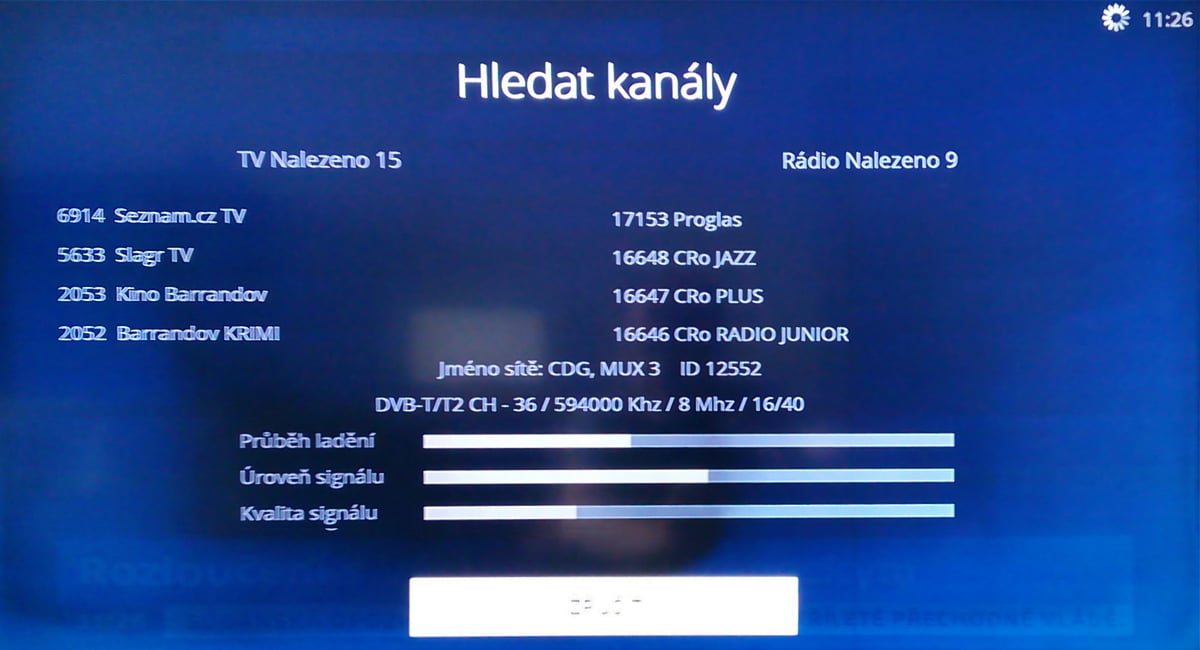 Průběh ladění DVB-T na O2 TV
