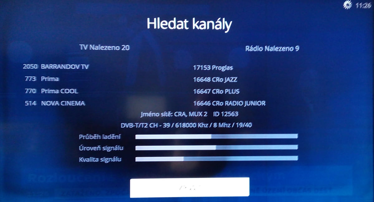 Průběh ladění DVB-T na O2 TV
