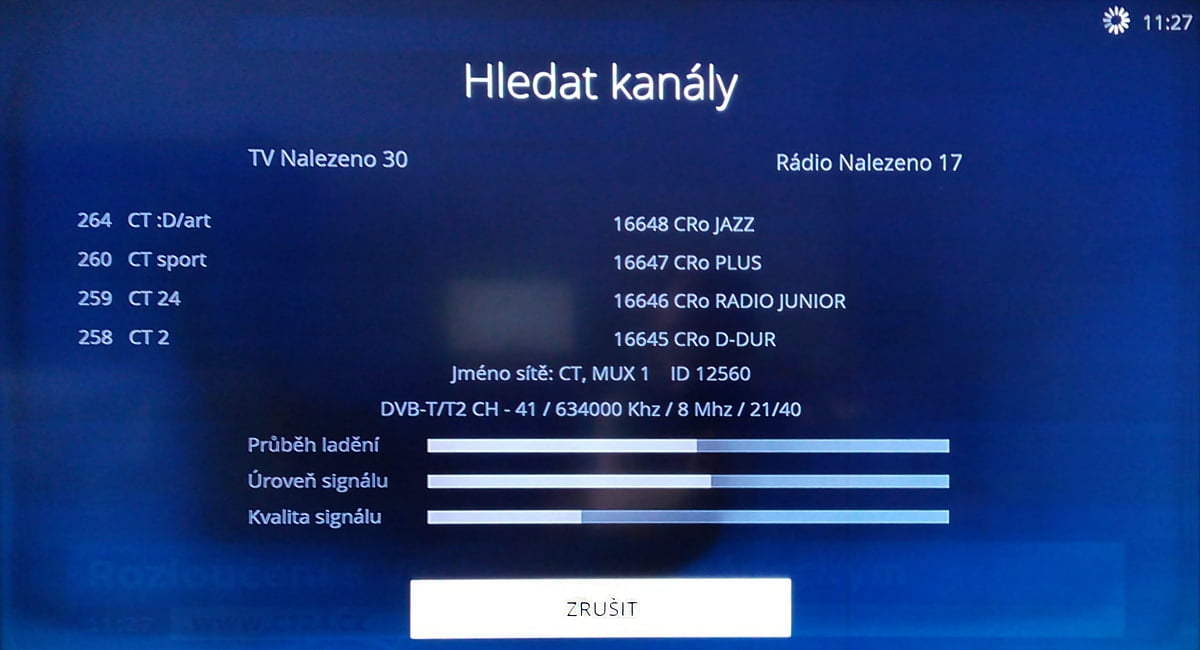 Průběh ladění DVB-T na O2 TV