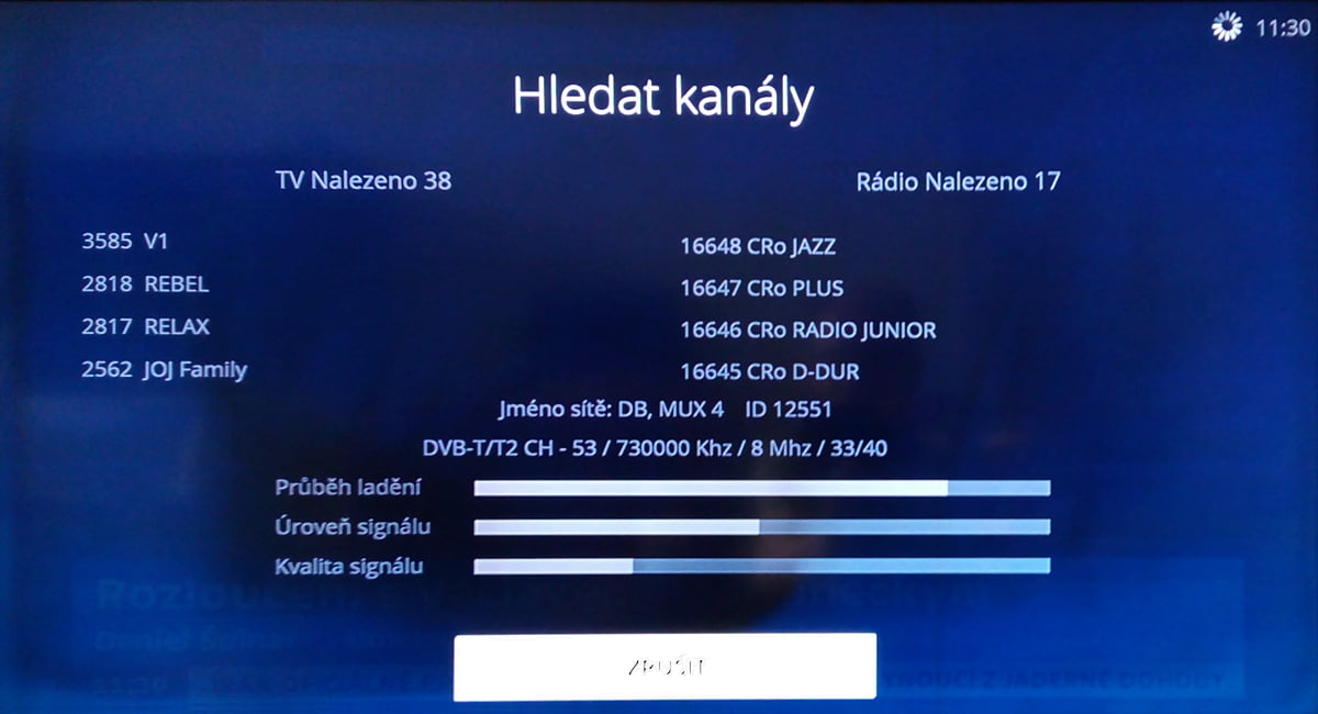 Průběh ladění DVB-T na O2 TV