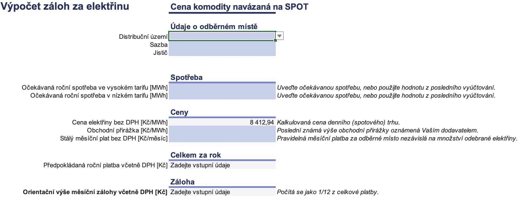 Výpočet záloh za elektřinu - cena navázaná na spot - kalkulačka ERÚ