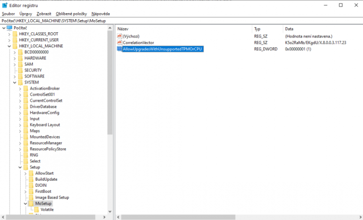Editor registru jak obejít TPM 2.0 pro instalaci Windows 11