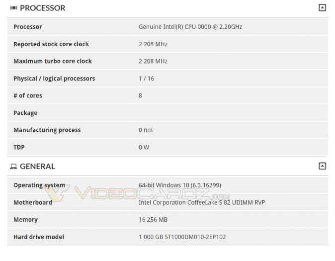 Stopa somijádrového vzorku procesoru Coffee Lake v databázi 3DMarku (Zdroj: VideoCardz)