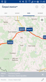V aplikaci si můžete hledat čerpací stanice dle ceny po vaší trase