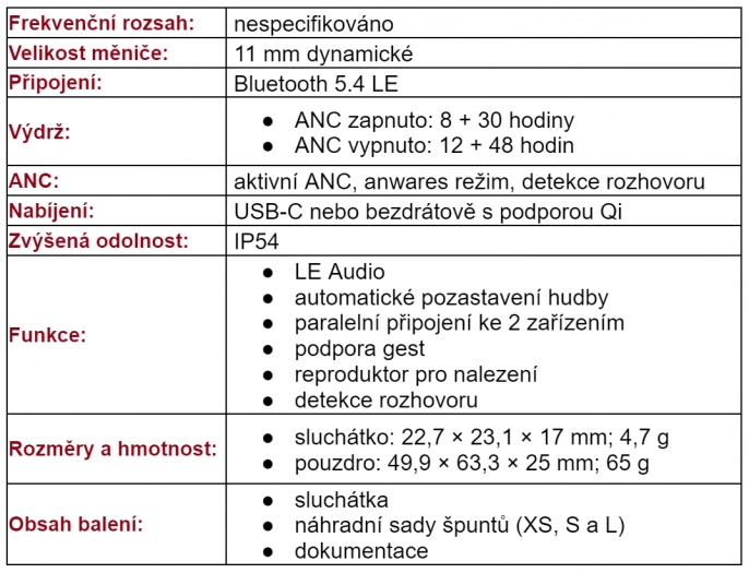 Parametry sluchátek Google Pixel Buds Pro 2