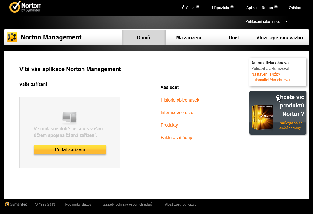 Ve webové aplikaci Norton Management získáte přehled o chráněných zařízeních i zakoupených produktech