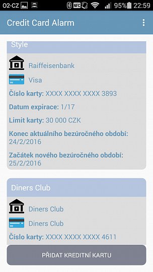 Ukázka dvou kreditnich karet v aplikaci.