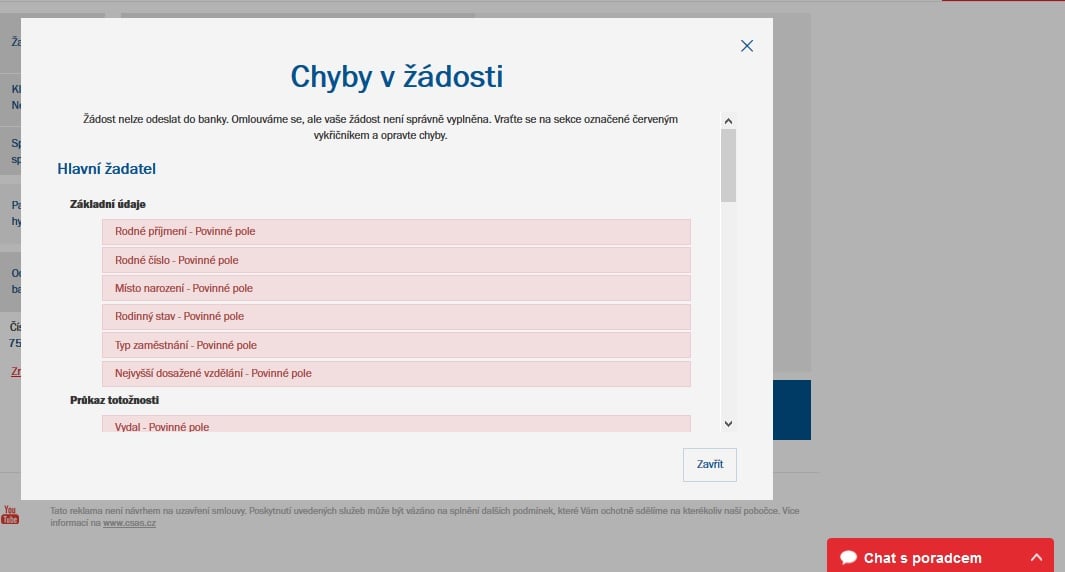 Pokud jste něco zapomněli vyplnit, nepůjde žádost odeslat
