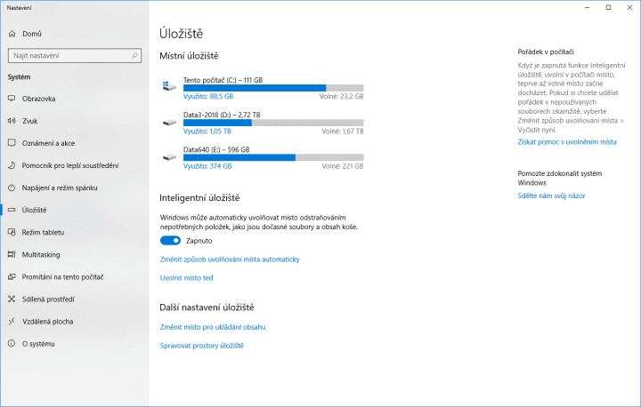 Inteligentní úložiště ve Windows 10 dovede samo čas od času disk pročistit