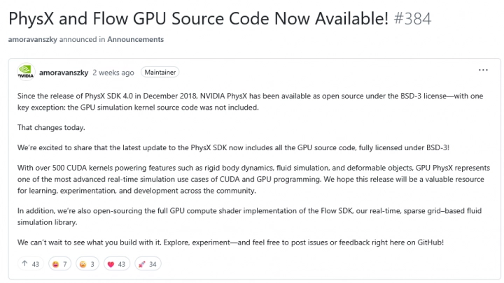 Nvidia na GitHubu oznamuje otevření kódu PhysX a Flow
