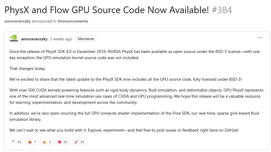 Nvidia na GitHubu oznamuje otevření kódu PhysX a Flow