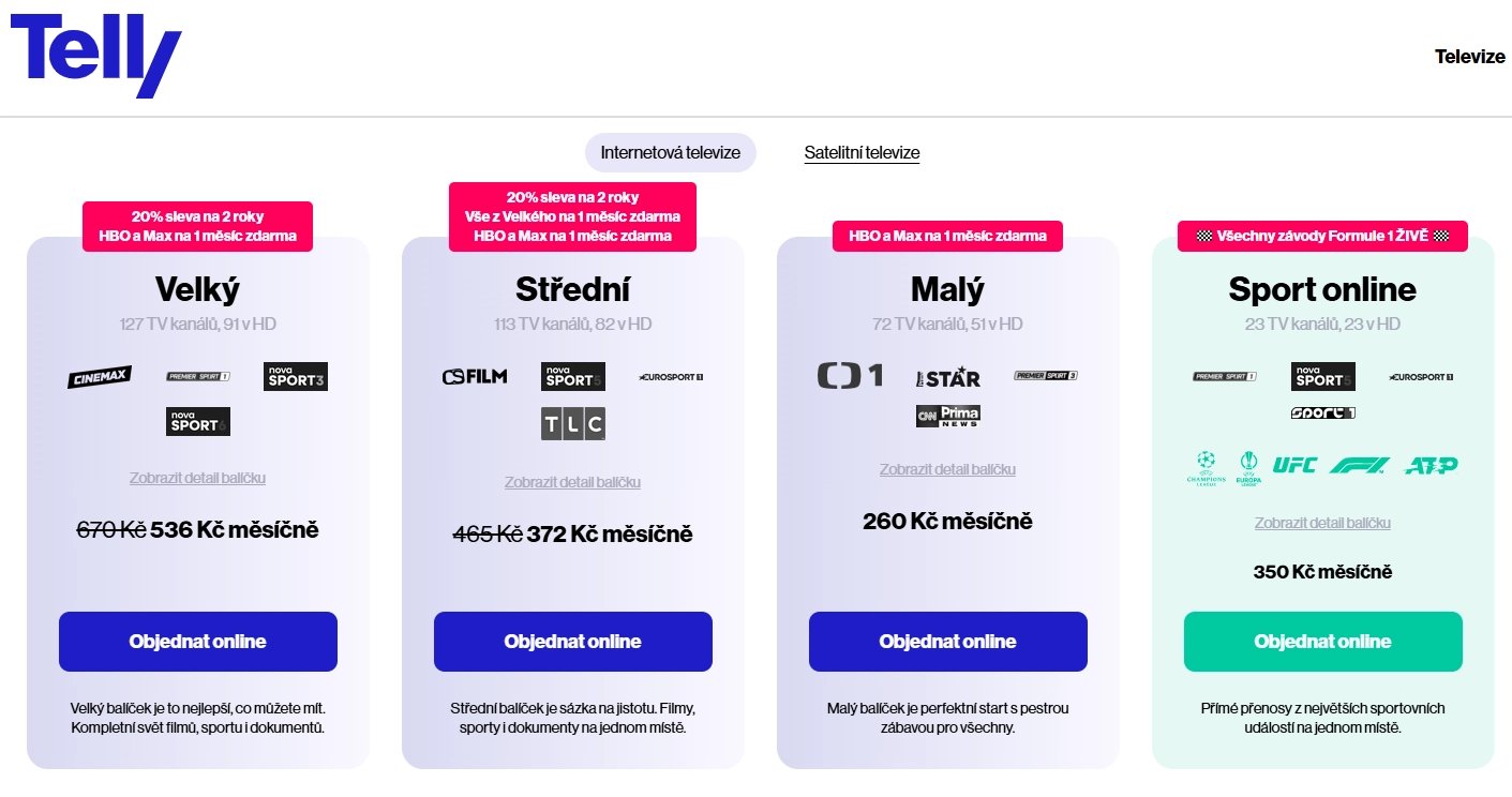 Tarifní nabídka Telly TV – internetová televize