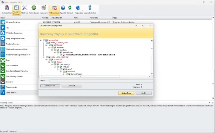 Po odinstalaci programu prohledá Revo Uninstaller disk kvůli zbytkovým a nepotřebným registrům