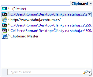 Ukázka položek umístěných ve schránce