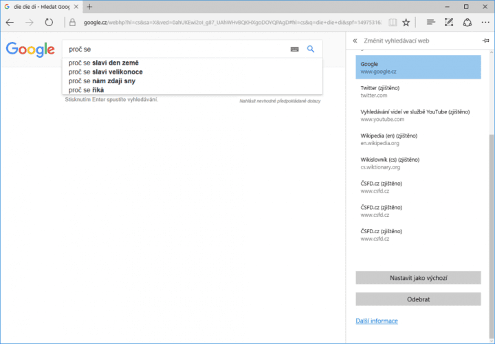 Změna použitého vyhledávače v Edgi