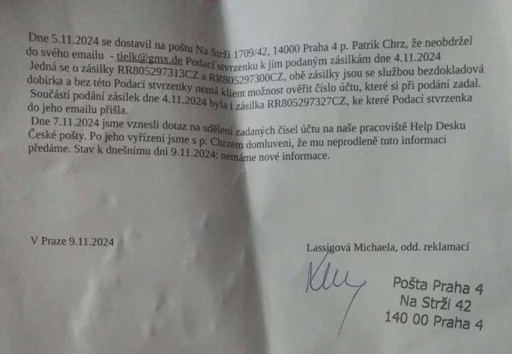 Potvrzení České pošty psané volnou formou. (9. 11. 2024)