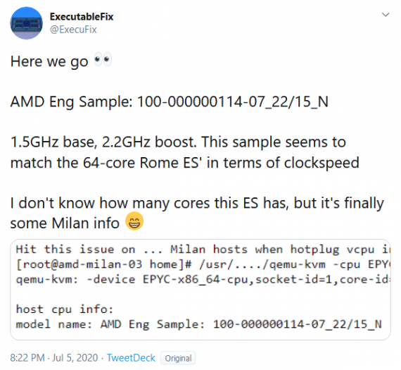 Vzorek procesoru AMD Epyc Milan s označením 100 000000114 07 22 15 N na Twitteru