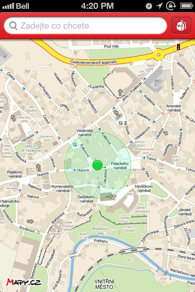 Připravované offline mapy pro chytré mobilní telefony. Podoba ostré verze aplikace může doznat ještě drobných změn.