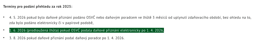 Chyba v termínu pro podání přehledů ČSSZ. Správně má být 4. 6. 2026.