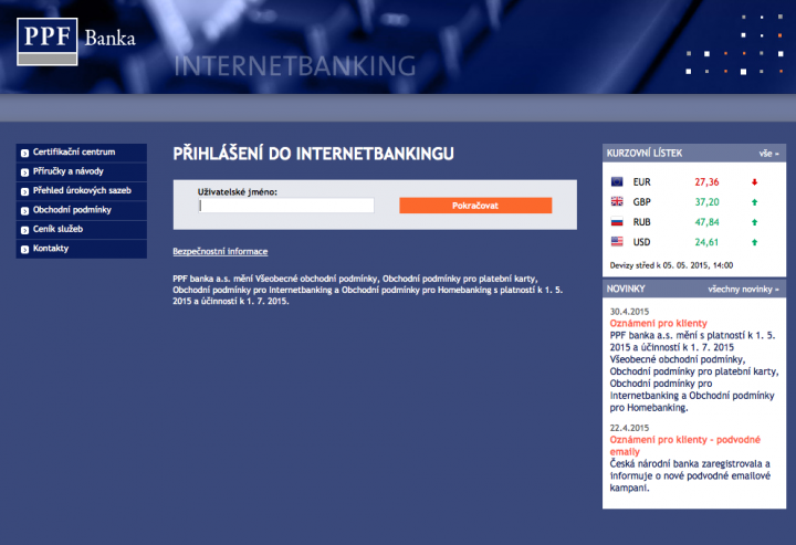Internetové bankovnictví PPF banky.