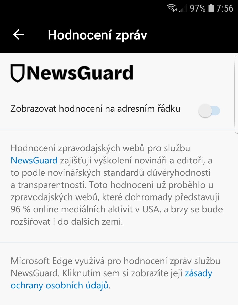 Microsoft Edge a hlídání důvěryhodnosti médií NewsGuard