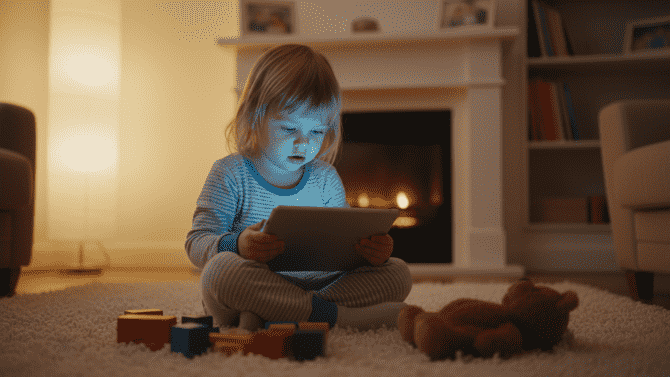 Fotografie malého dítěte sedícího na podlaze obývacího pokoje, které upřeně a fascinovaně sleduje svítící obrazovku tabletu ve svých rukou. Tvář dítěte je výrazně osvětlena modrým světlem z displeje, zatímco klasické dřevěné hračky leží rozostřené a bez povšimnutí opodál.