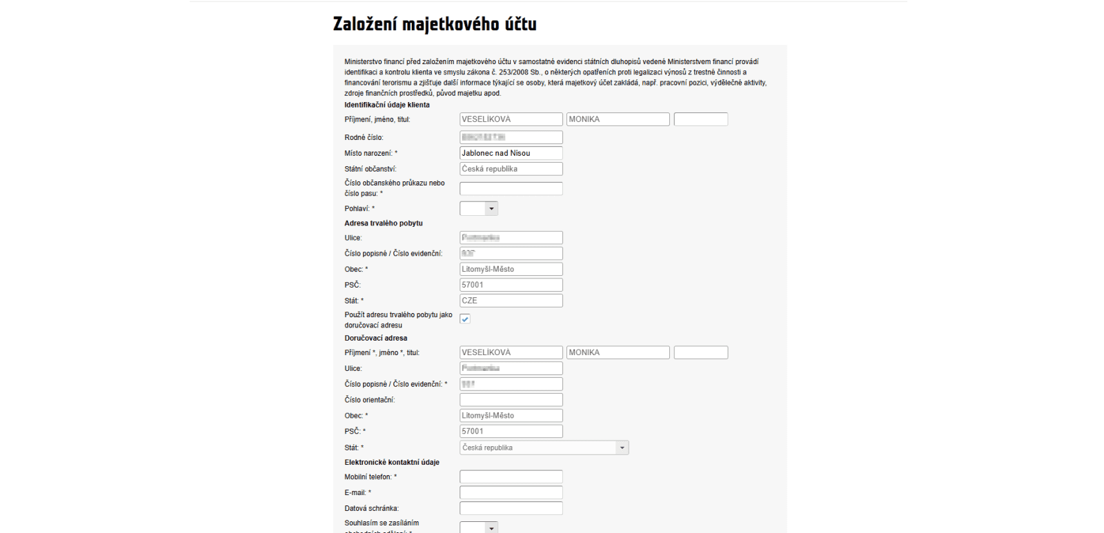 Screenshot formuláře nutný pro založení osobního majetkového účtu.
