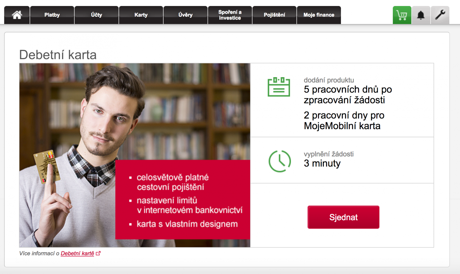 O kartu můžete požádat přes internetové bankovnictví a do dvou pracovních dnů ji získáte.