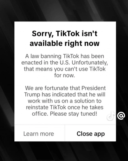 Okno upozorňující na konec TikToku v USA