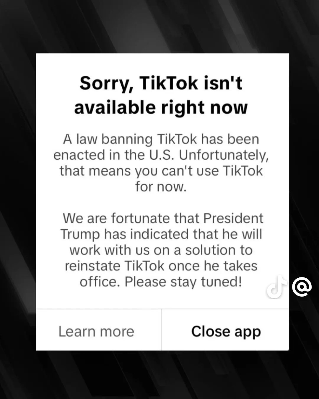Okno upozorňující na konec TikToku v USA