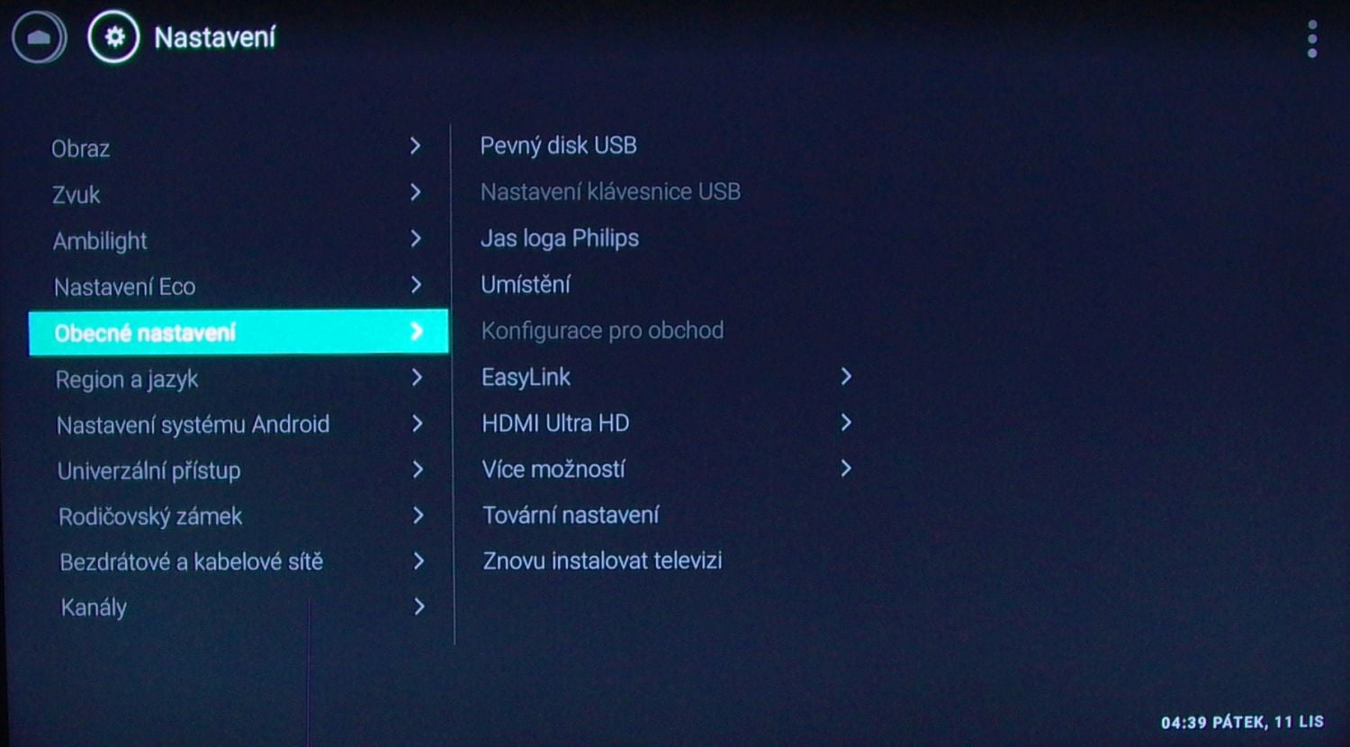 Philips 65PUS7601 - menu nastavení