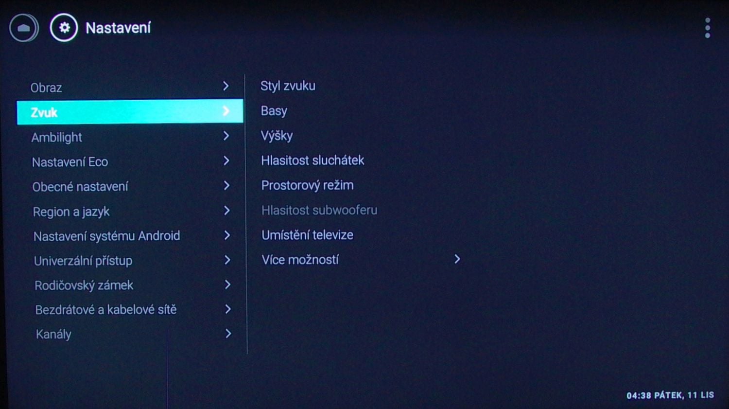 Philips 65PUS7601 - menu nastavení