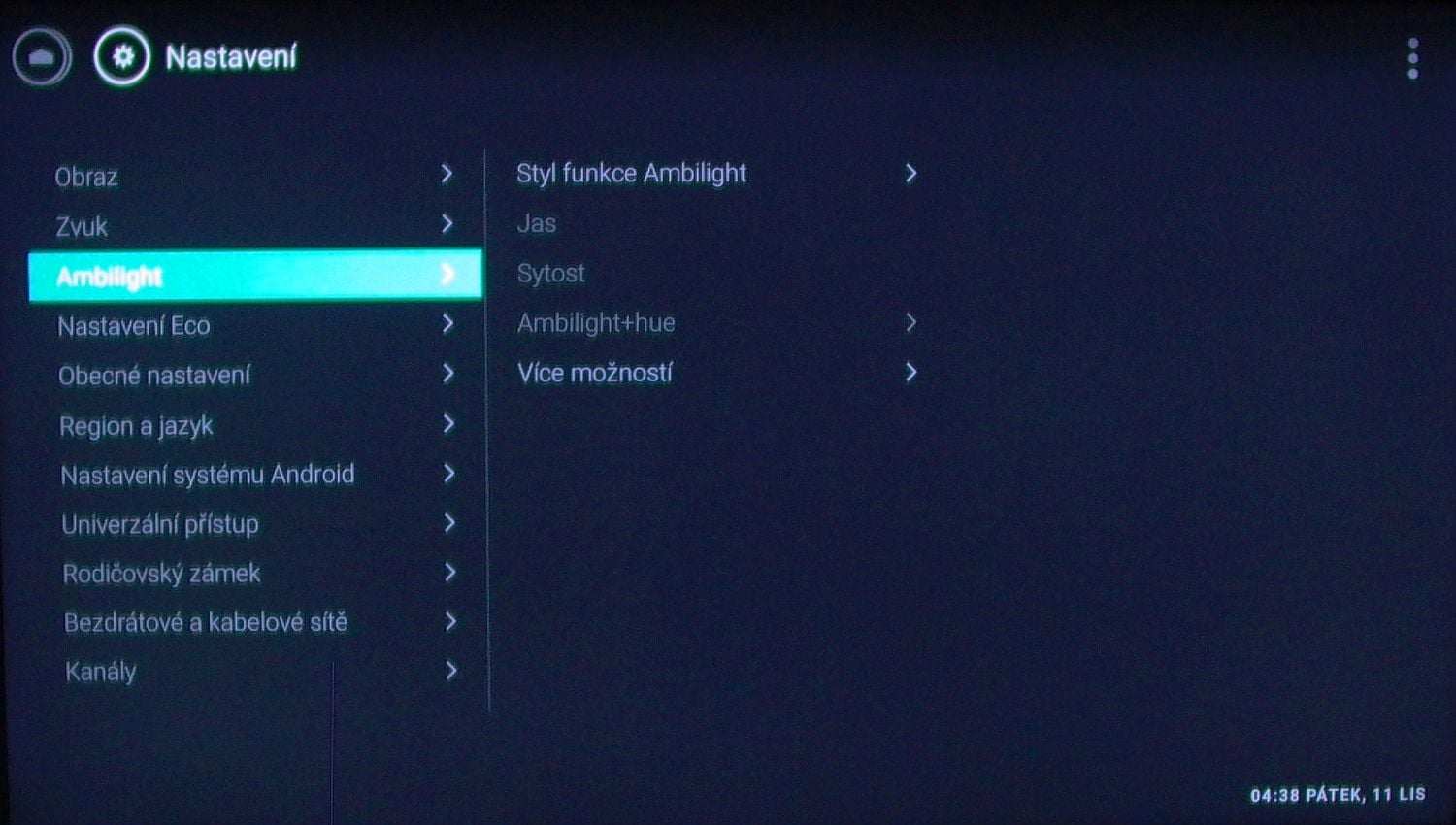 Philips 65PUS7601 - menu nastavení